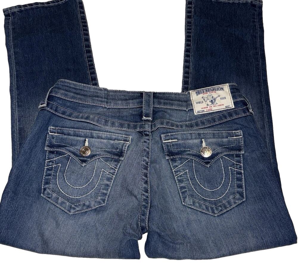 True Religion World Tour Capri Straight Jeans Women Sz 28 Blue Denim